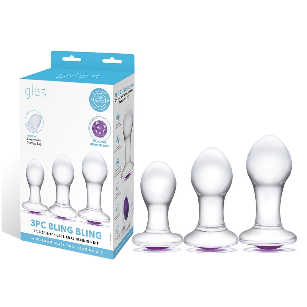 3Pc Bling Bling 3" 3.5" & 4" Glass Anal Training Kit | 4890808250440 | Discreet Personal Wellness
