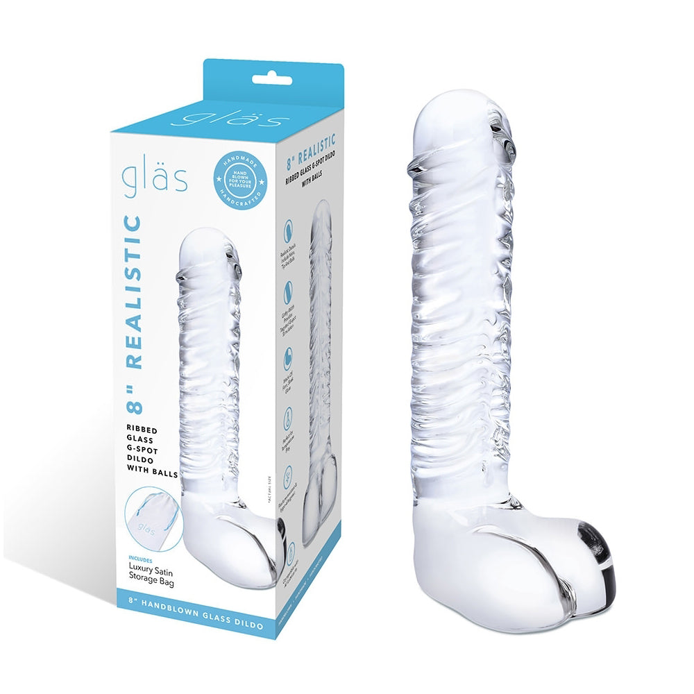 Glas 8'' Realistic Ribbed Glass G-Spot Dildo With Balls | 4890808250525 | Discreet Personal Wellness