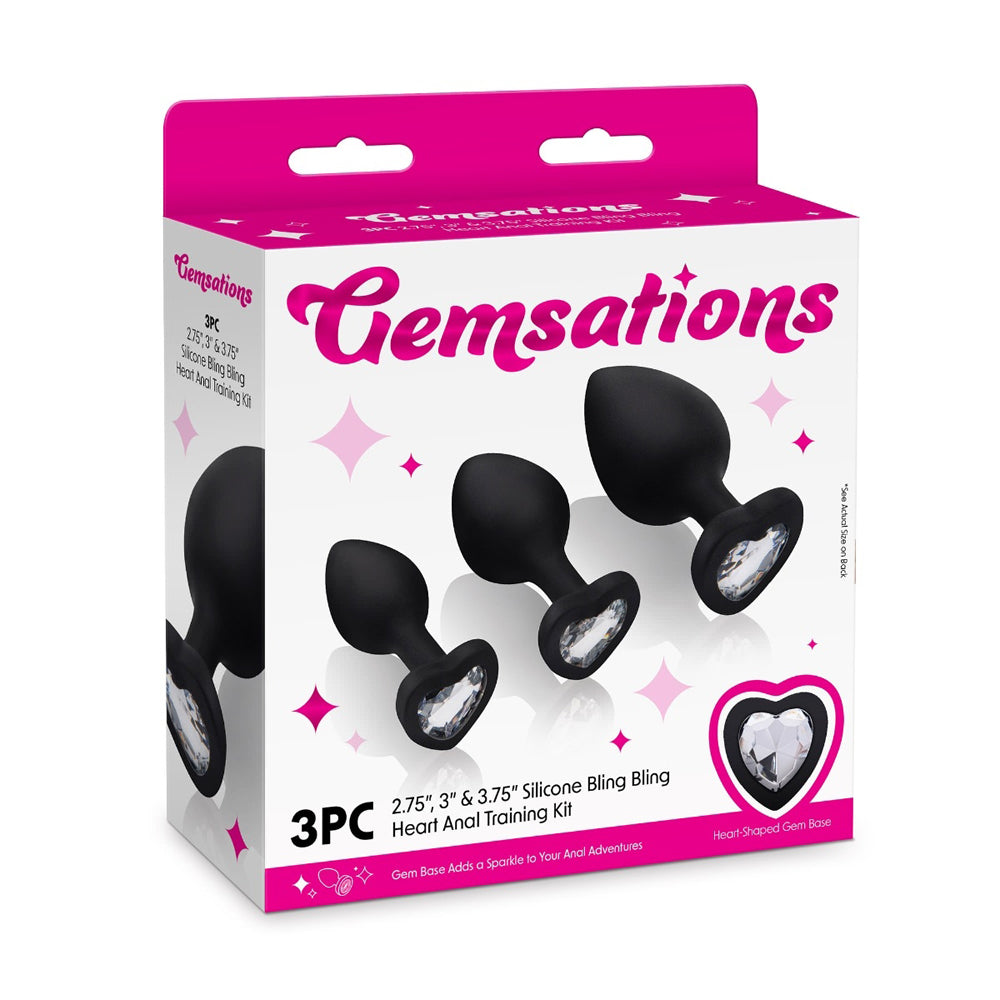 Gemsations 3Pc Silicone Ling Bling Heart Anal Training Kit Black | 4890808285435 | Discreet Personal Wellness