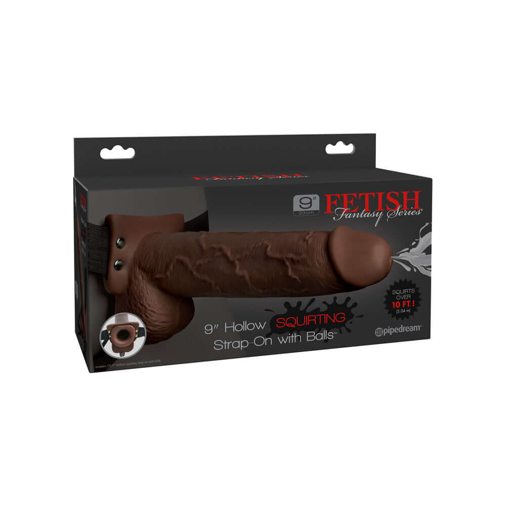 Fetish Fantasy 9" Hollow Squirting Strap-On With Balls Brown | 603912759297 | Discreet Personal Wellness