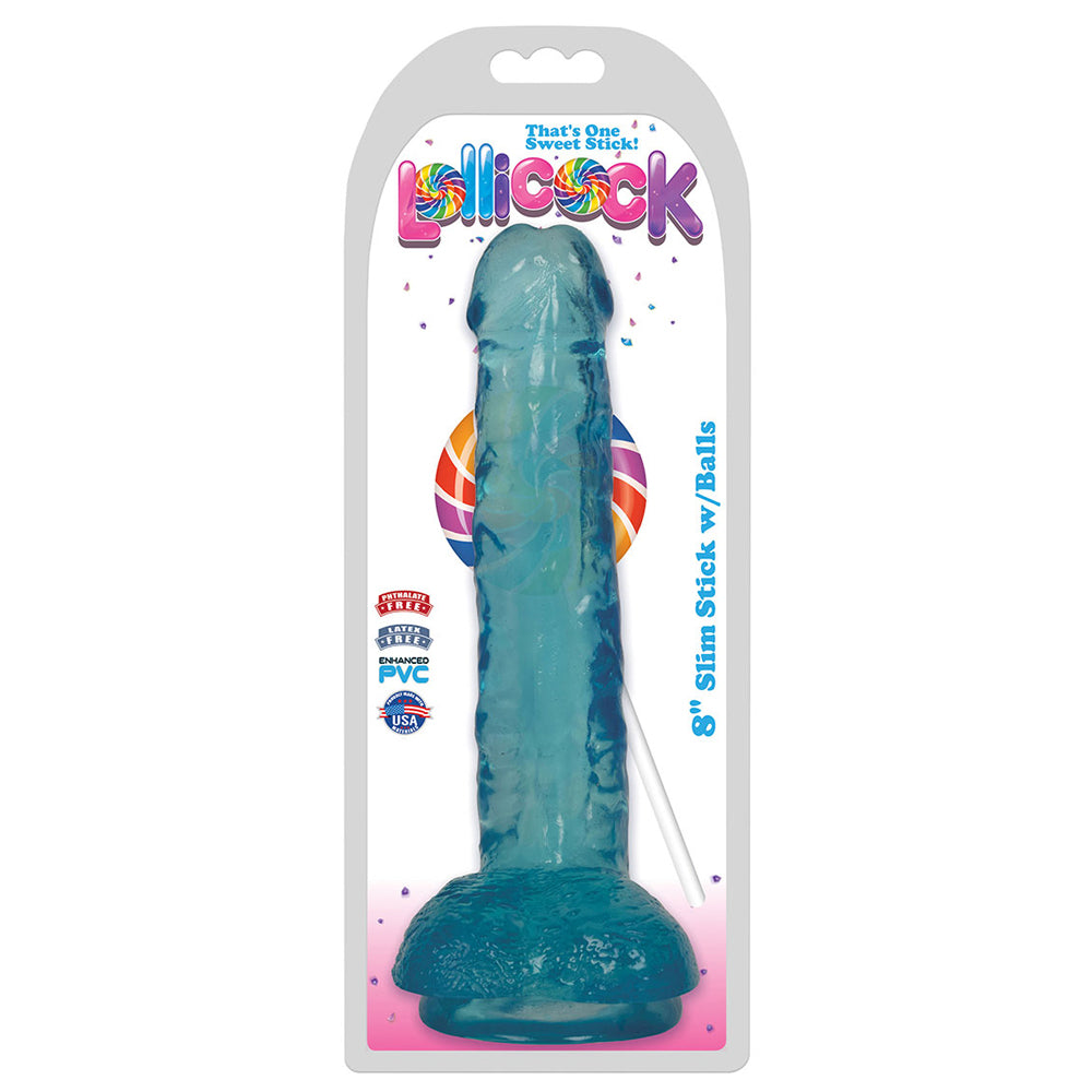 LolliPenis 8" Slim Stick W/Balls Berry Ice | 643380985781 | Discreet Personal Wellness