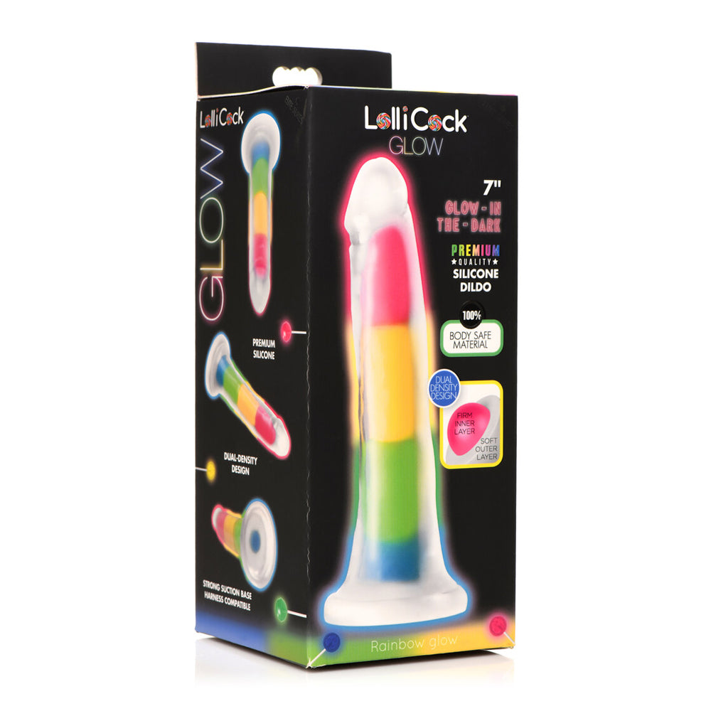 LolliPenis 7" Glow-In-The-Dark Rainbow Silicone Dildo | 653078943726 | Discreet Personal Wellness
