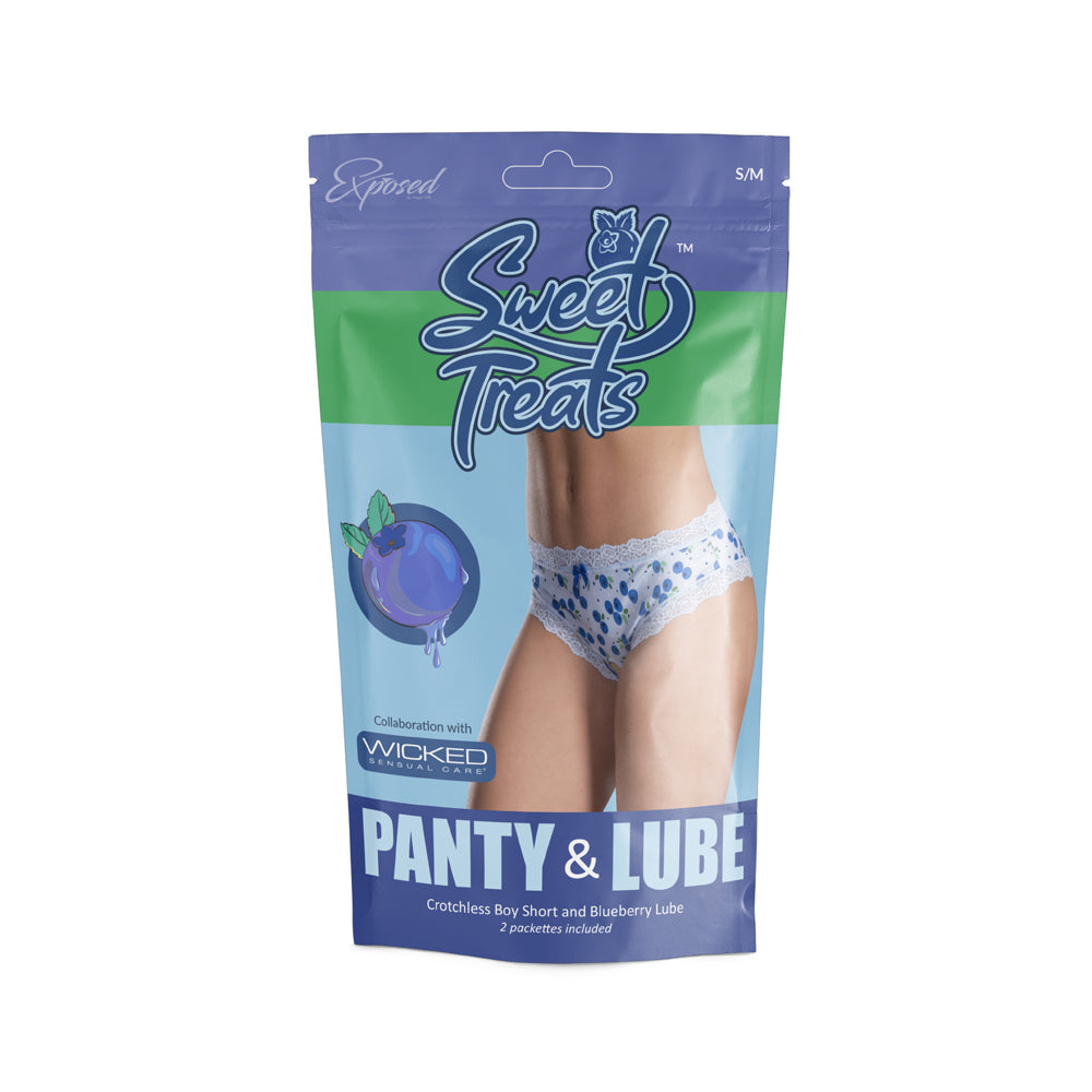 Sweet Treats Crotchless Boy Short W/ Lube Blueberry S/M | 671241123492 | Discreet Personal Wellness