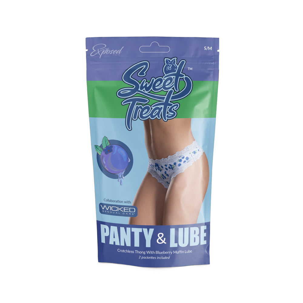 Sweet Treats Crotchless Thong W/ Lube Blueberry S/M | 671241123584 | Discreet Personal Wellness