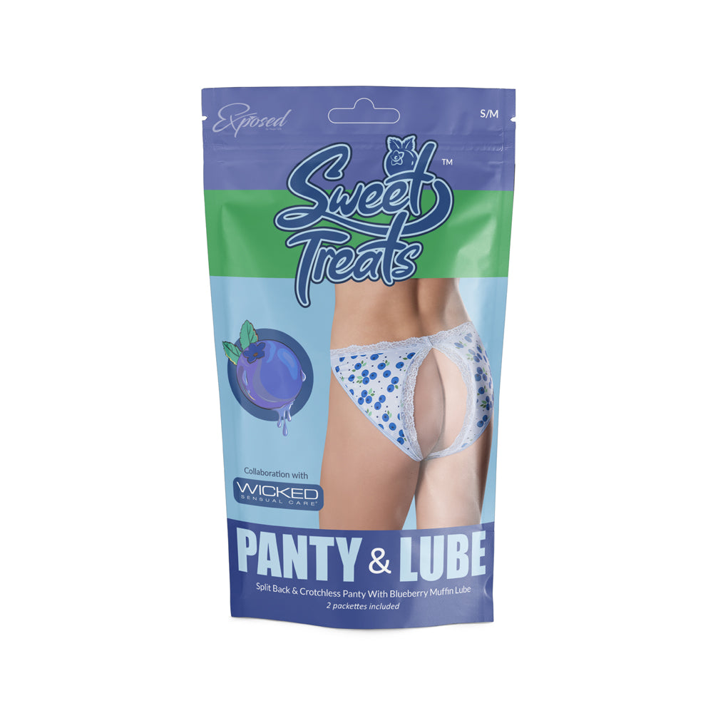 Sweet Treats Split Back & Crotchless Panty W/ Lube Blueberry S/M | 671241123676 | Discreet Personal Wellness