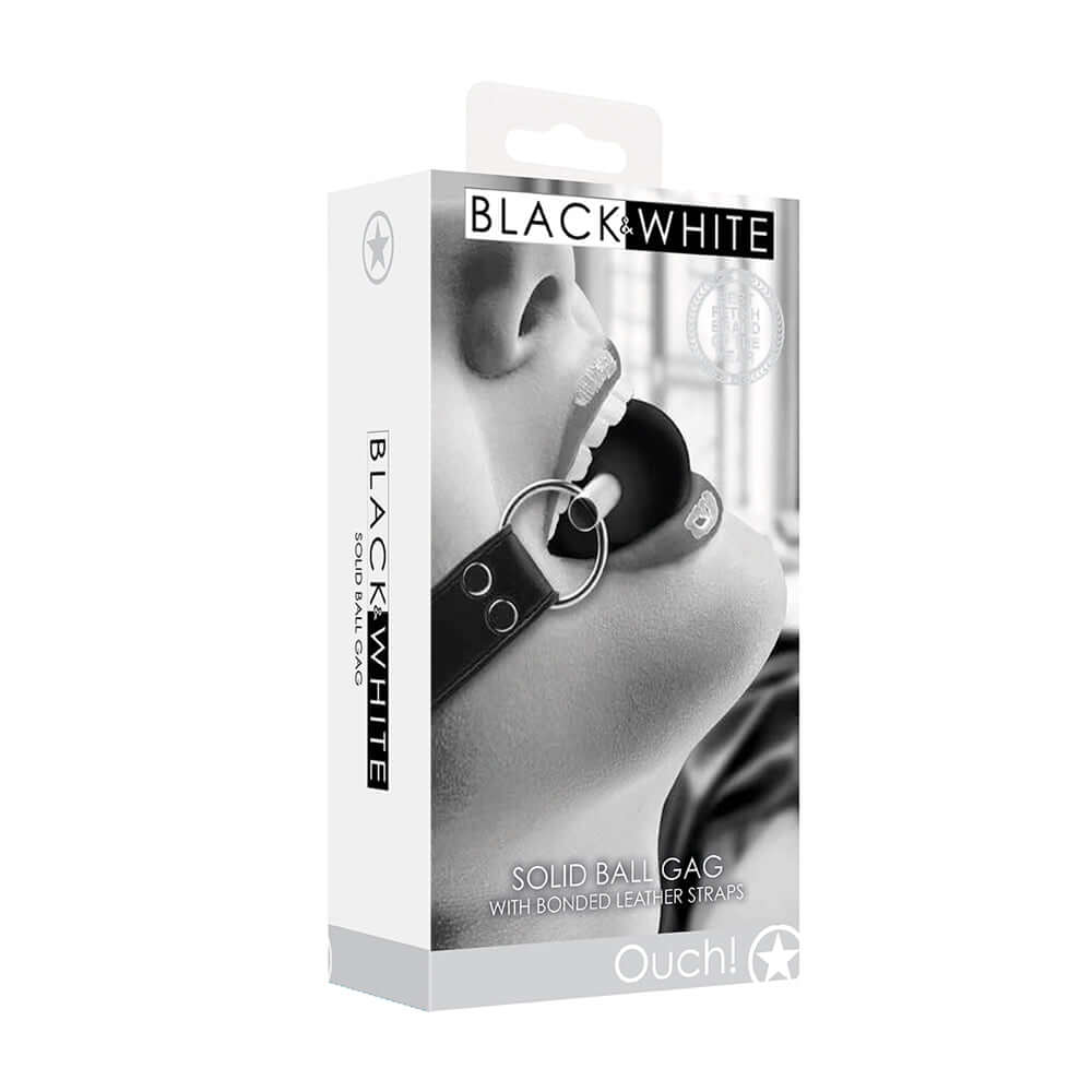 Ouch! Black & White Solid Ball Gag With Bonded Leather Straps | 7423522575543 | Discreet Personal Wellness