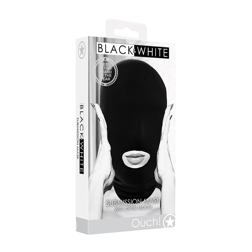 Ouch! Black & White Submission Mask With Open Mouth | 7423522577509 | Discreet Personal Wellness