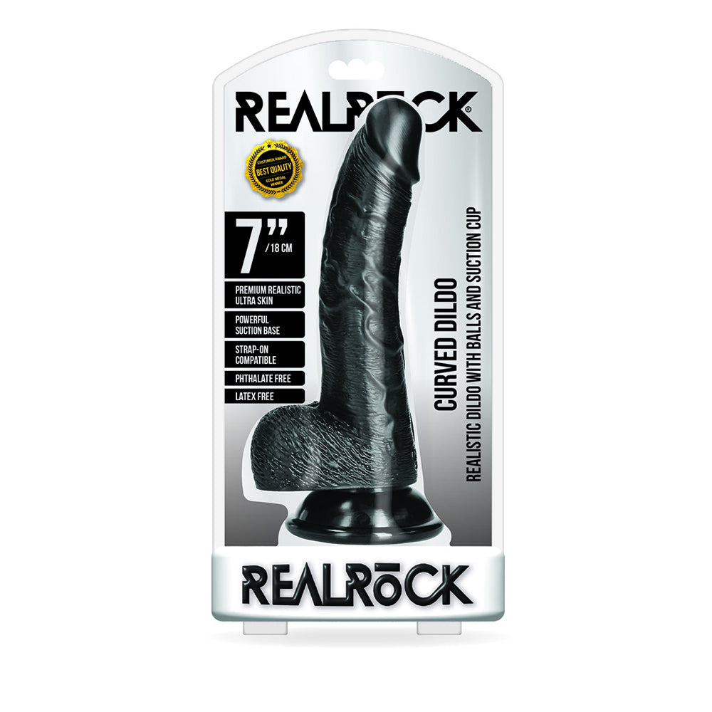 Curved Realistic Dildo With Balls And Suction Cup 7'' Black | 7423522628607 | Discreet Personal Wellness