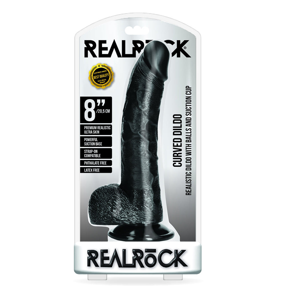Curved Realistic Dildo With Balls And Suction Cup 8'' Black | 7423522628638 | Discreet Personal Wellness