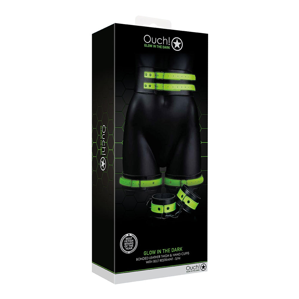 Ouch! Thigh Cuffs With Belt And Handcuffs Glow In The Dark S/M | 7423522639641 | Discreet Personal Wellness