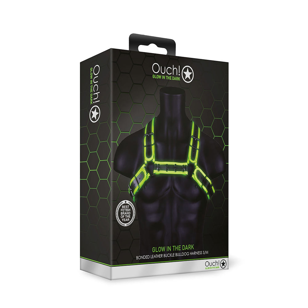 Ouch! Buckle Bulldog Harness Glow In The Dark S/M | 7423522648698 | Discreet Personal Wellness