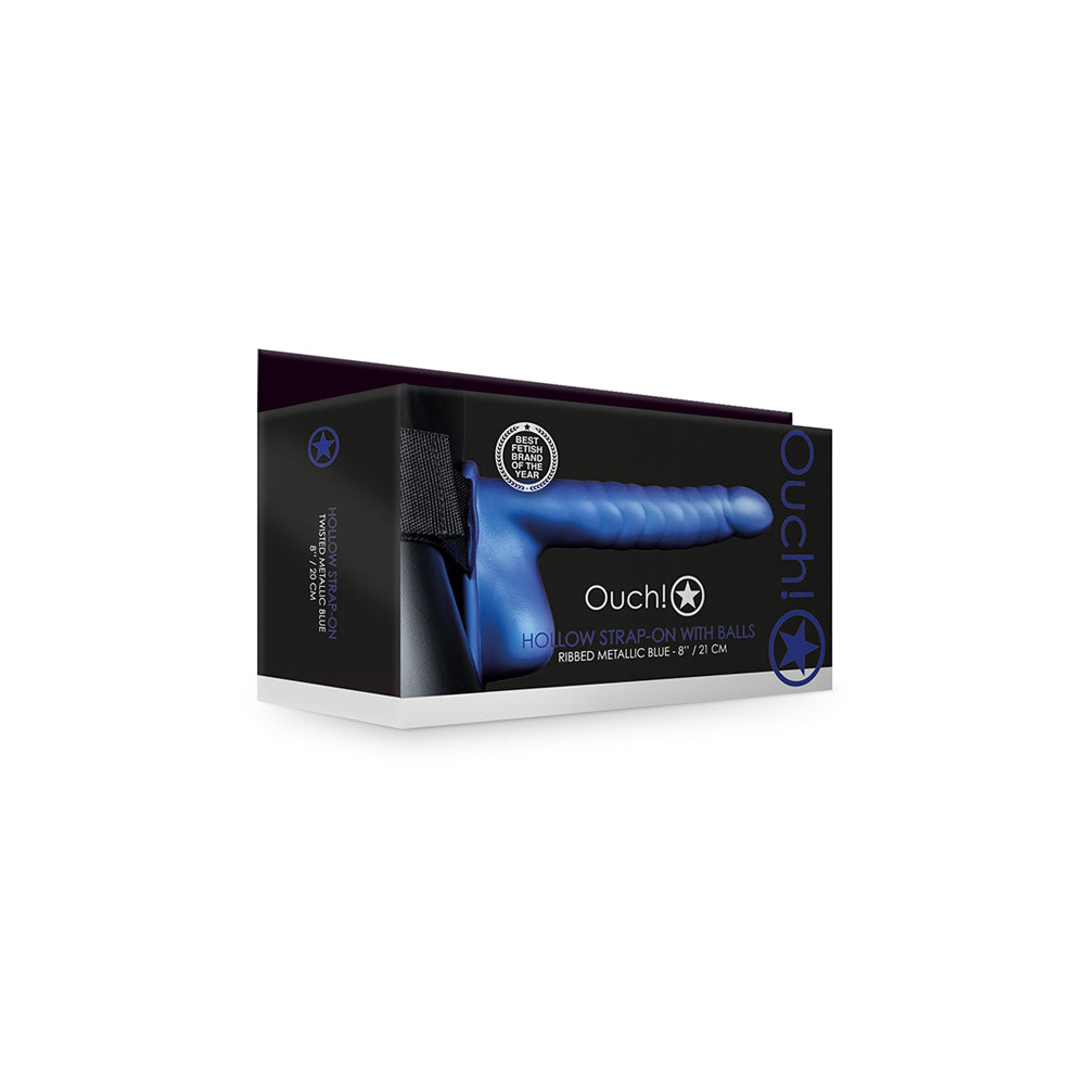 Ouch! Ribbed Hollow Strap-On With Balls 8" Metallic Blue | 7423522655689 | Discreet Personal Wellness