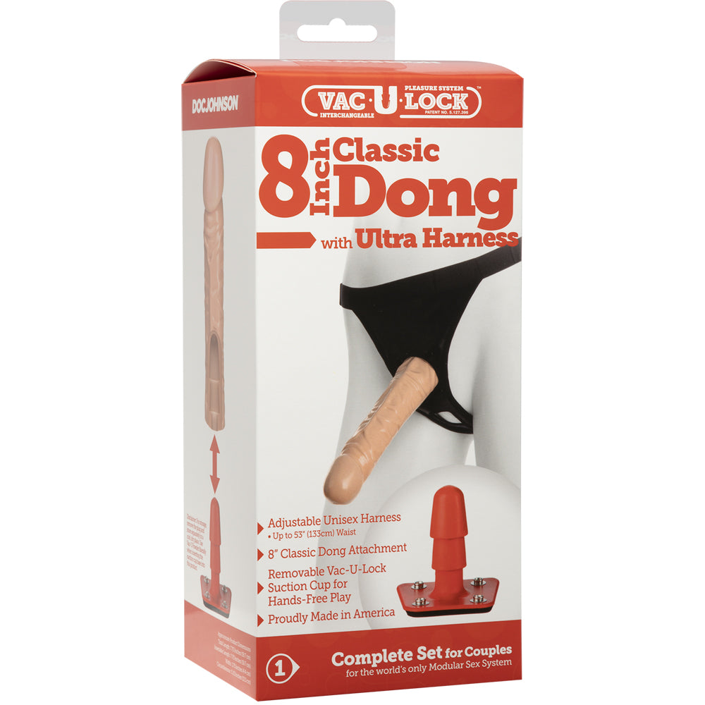 Vac-U-Lock - 8" Classic Penis - With Ultra Harness Vanilla | 782421157005 | Discreet Personal Wellness
