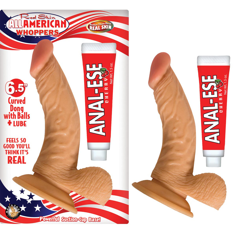 All American Whoppers 6.5" Curved Penis W/Balls & Lube Flesh | 782631244809 | Discreet Personal Wellness