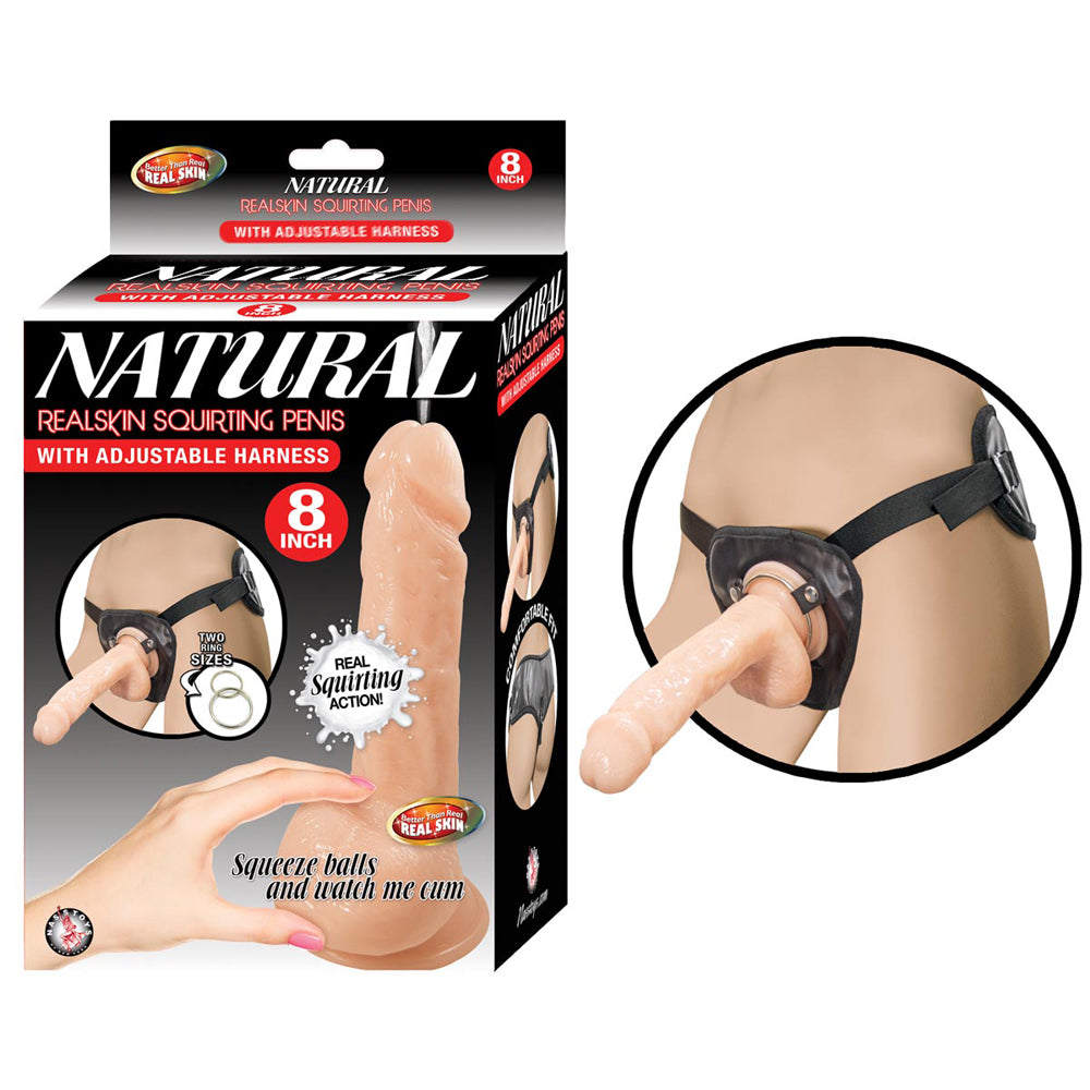 Natural Realskin Squirting Penis W/Adjustable Harness 8" White | 782631286007 | Discreet Personal Wellness