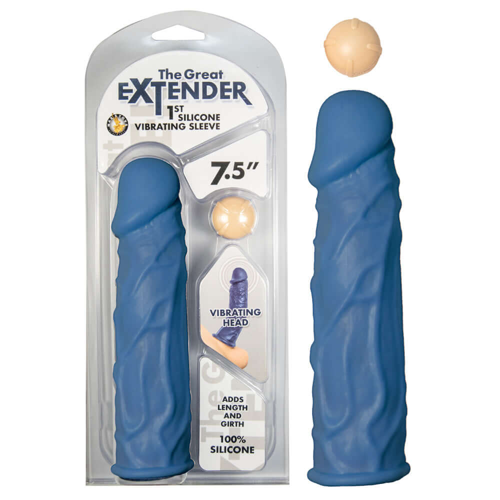 The Great Extender 1st Silicone Vibrating Sleeve 7.5 Blue | 782631296020 | Discreet Personal Wellness