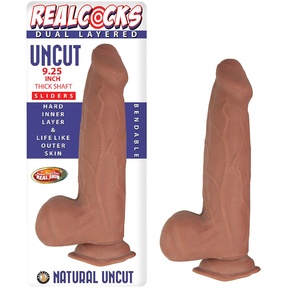 RealPenis Dual Layered Uncut Slider 9.25" Thick Shaft Brown | 782631306828 | Discreet Personal Wellness