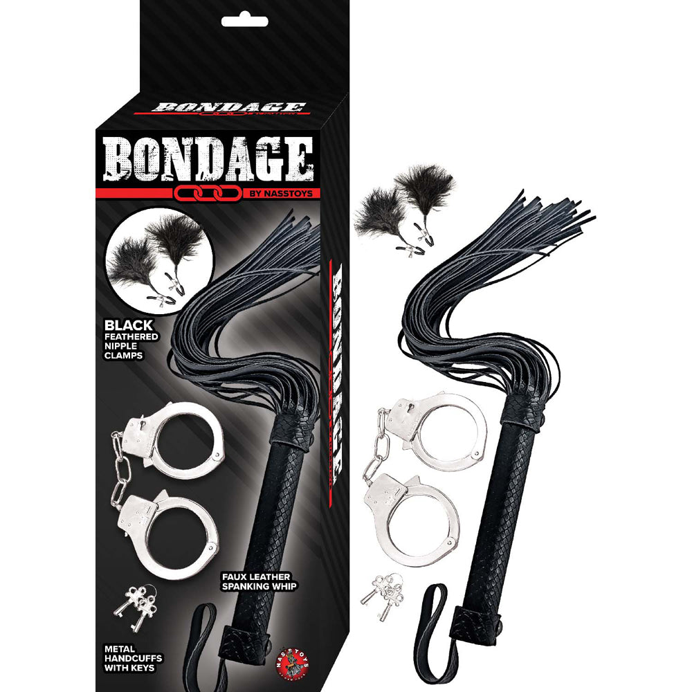 Bondage By Nasstoys Whip, Feather & Cuffs Black | 782631318722 | Discreet Personal Wellness