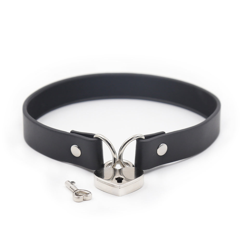 PVC Collar Choker W/ Heart Lock Connector Black | 802991614194 | Discreet Personal Wellness