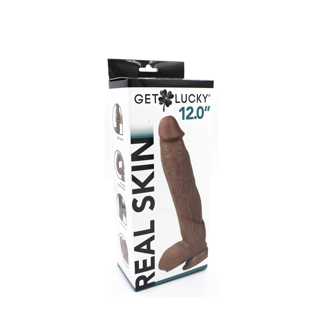 Get Lucky Real Skin 12" Dual Layer Dildo Light Brown | 812024033243 | Discreet Personal Wellness