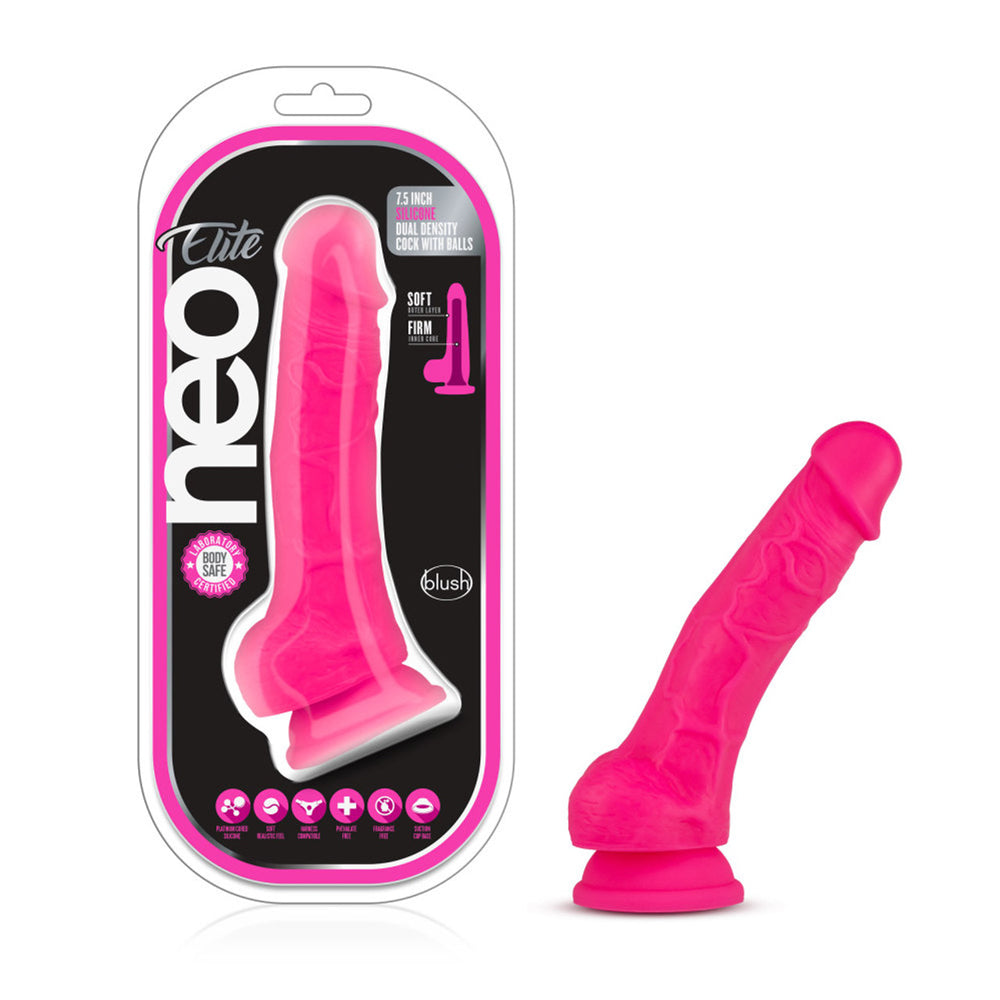 Neo Elite 7.5" Silicone Dual Density Penis With Balls Neon Pink | 819835022084 | Discreet Personal Wellness