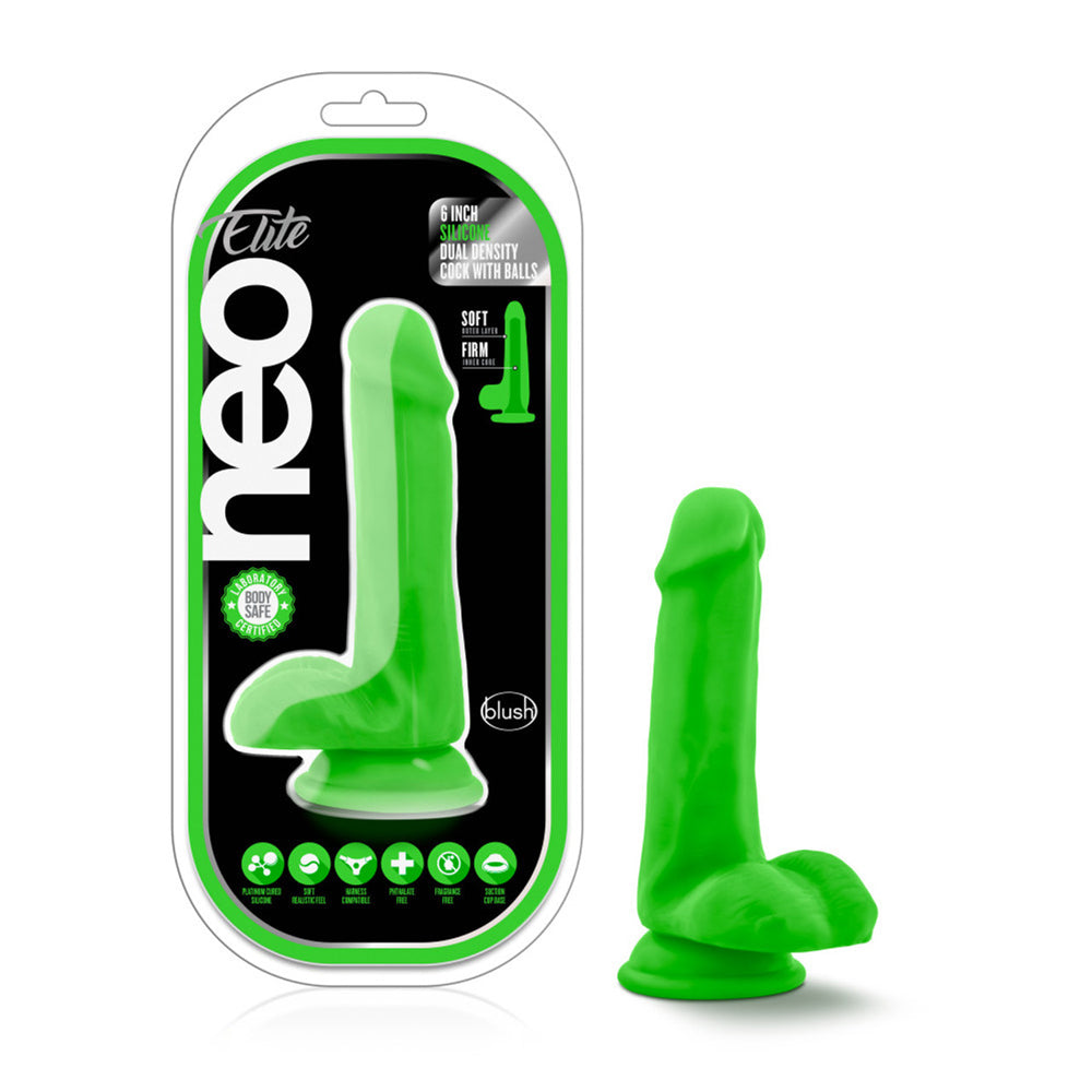 Neo Elite 6" Silicone Dual Density Penis With Balls Neon Green | 819835022152 | Discreet Personal Wellness