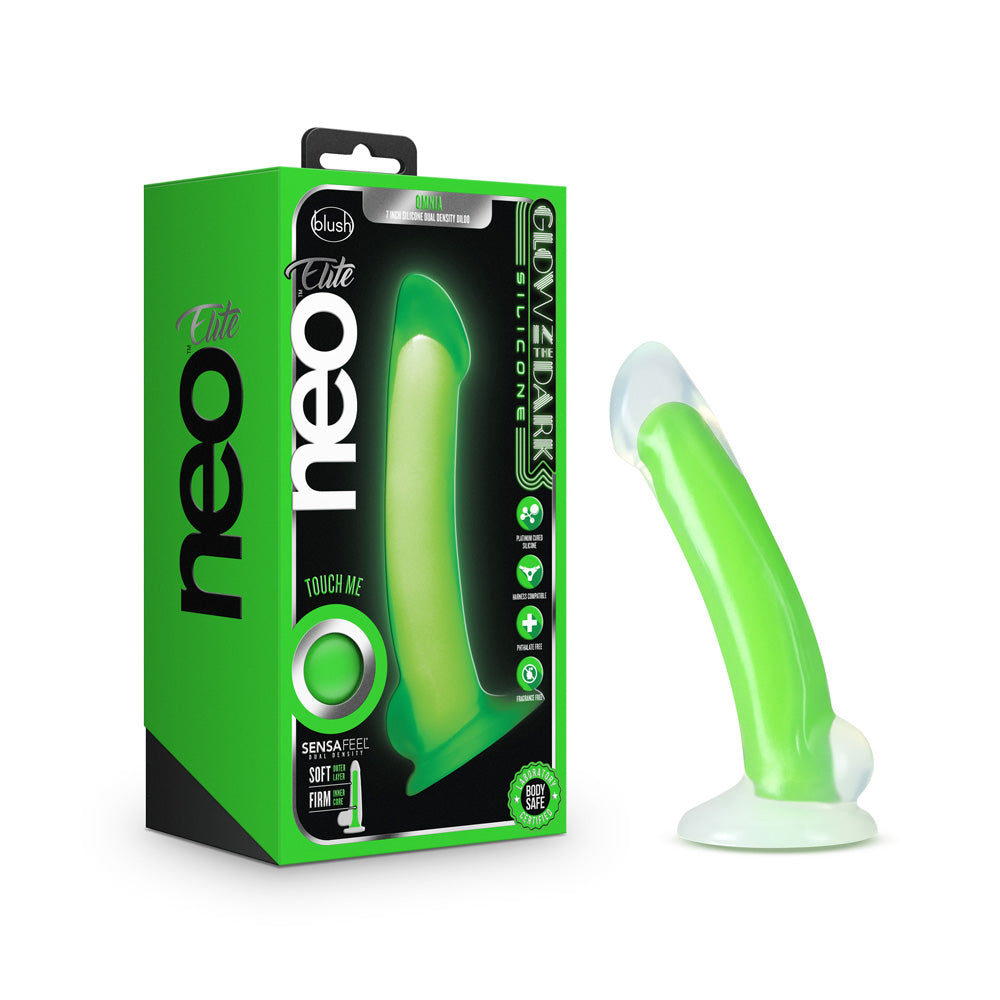 Neo Elite Glow In The Dark Omnia 7" Silicone Dual Density Dildo Neon Green | 819835025214 | Discreet Personal Wellness