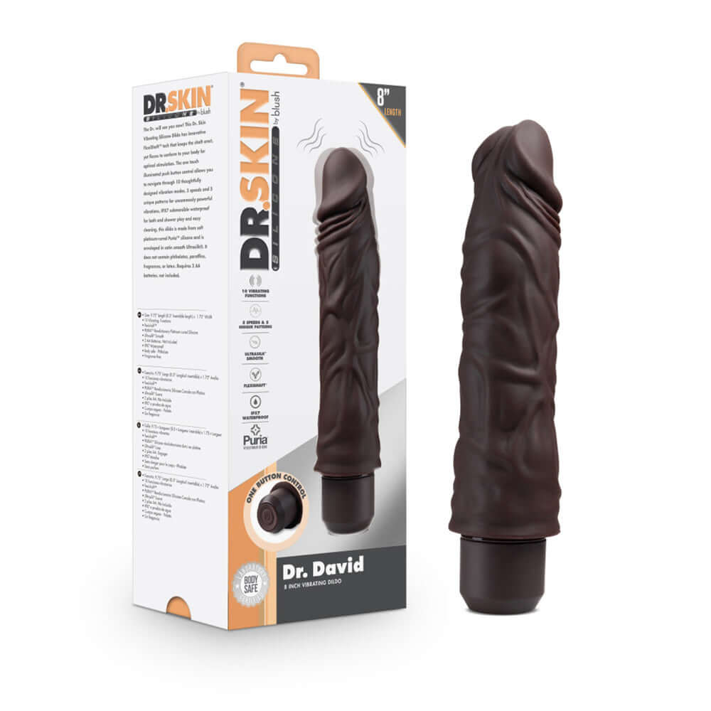 Dr. Skin Silicone Dr. David 8'' Vibrating Dildo Brown | 819835029014 | Discreet Personal Wellness