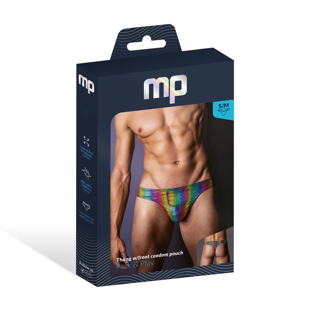 Pack & Play Thong W/ Front Condom Pouch Rainbow S/M | 845830093927 | Discreet Personal Wellness