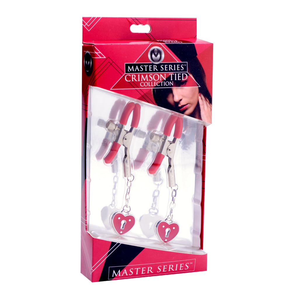 Master Series Crimson Tied Charmed Heart Padlock Nipple Clamps | 848518017062 | Discreet Personal Wellness