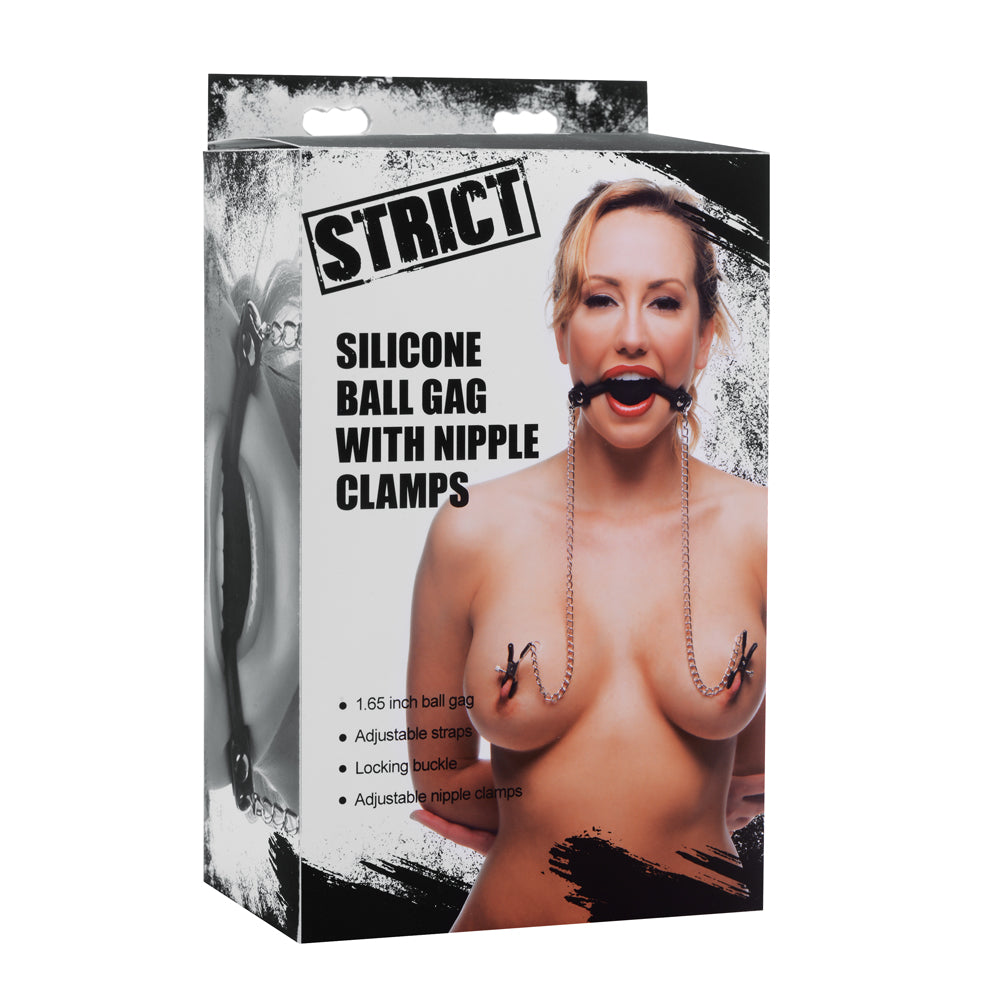 Strict Silicone Ball Gag With Nipple Clamps | 848518024473 | Discreet Personal Wellness