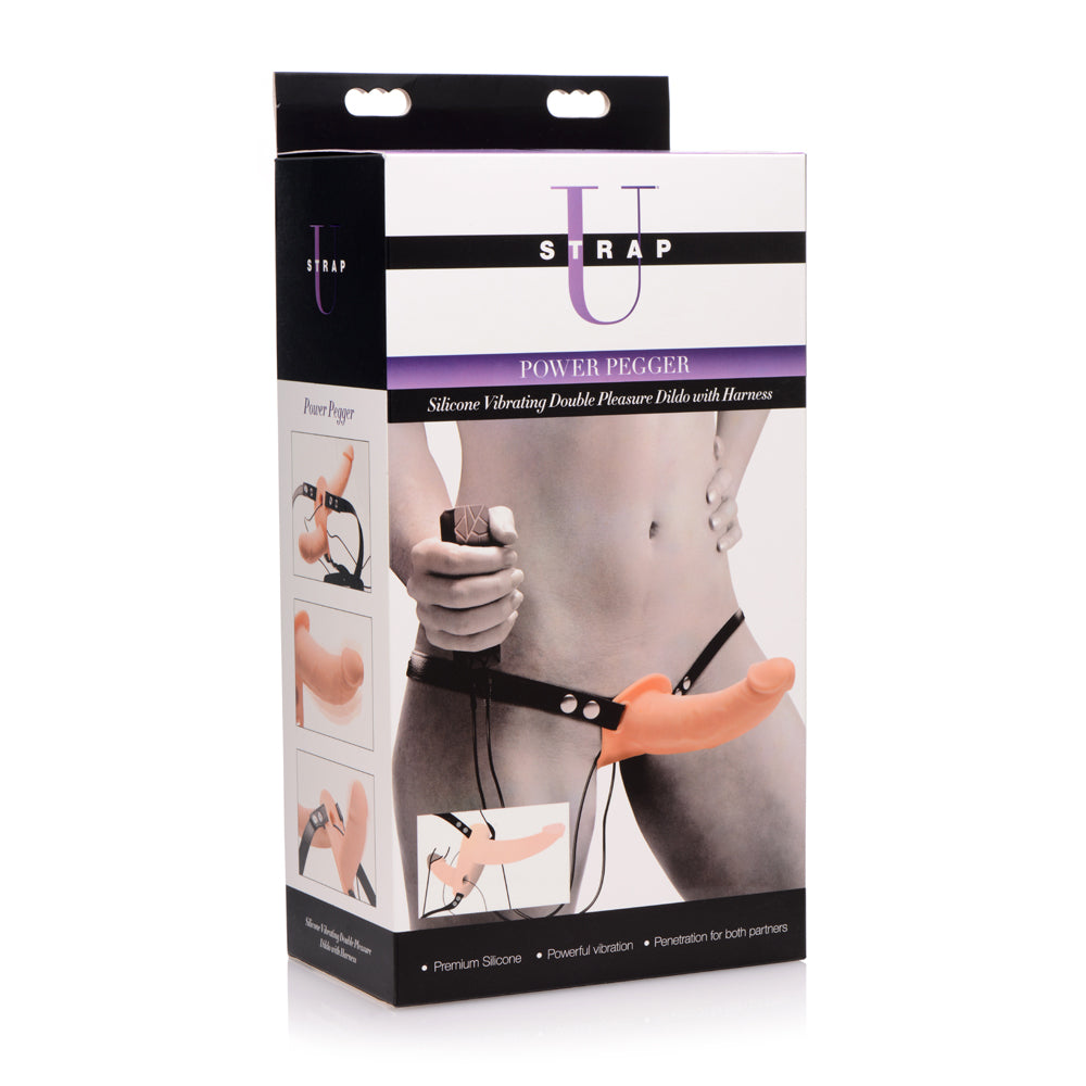 Strap U Power Pegger Silicone Vibrating Double Dildo With Harness - Flesh | 848518028297 | Discreet Personal Wellness
