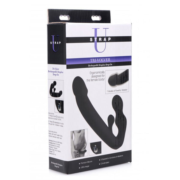 Strap U Tri-Volver 7X Vibrating Strapless Strap On Black | 848518030894 | Discreet Personal Wellness