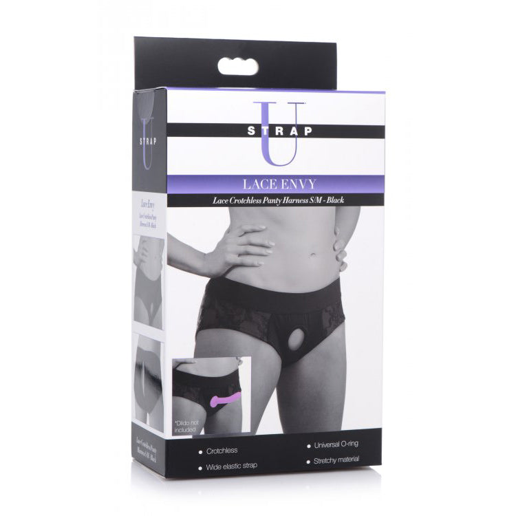 Strap U Lace Envy Lace Crotchless Panty Harness Black/Black S/M | 848518037527 | Discreet Personal Wellness