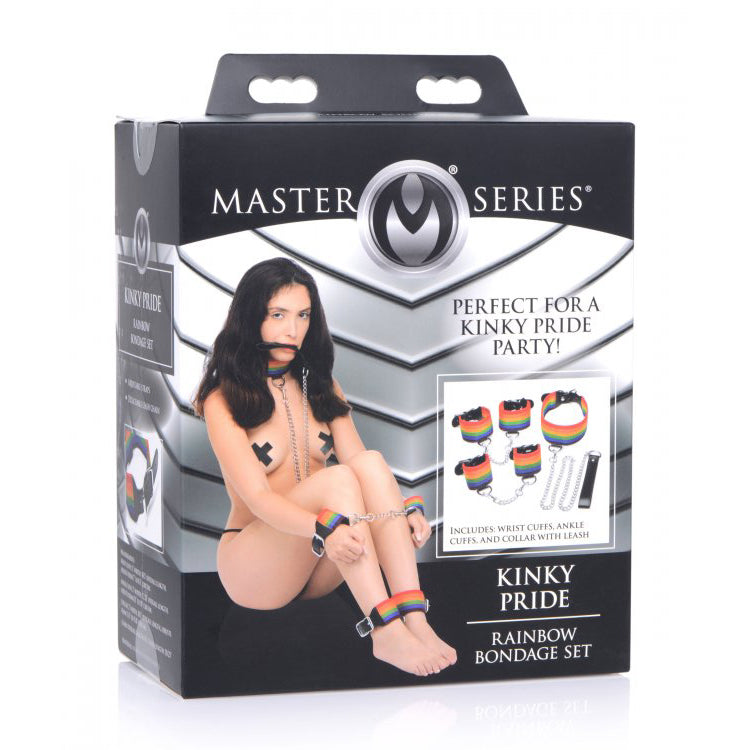 Master Series Kinky Pride Rainbow Bondage Set Wrist & Ankle Cuffs & Collar W/Leash | 848518039194 | Discreet Personal Wellness