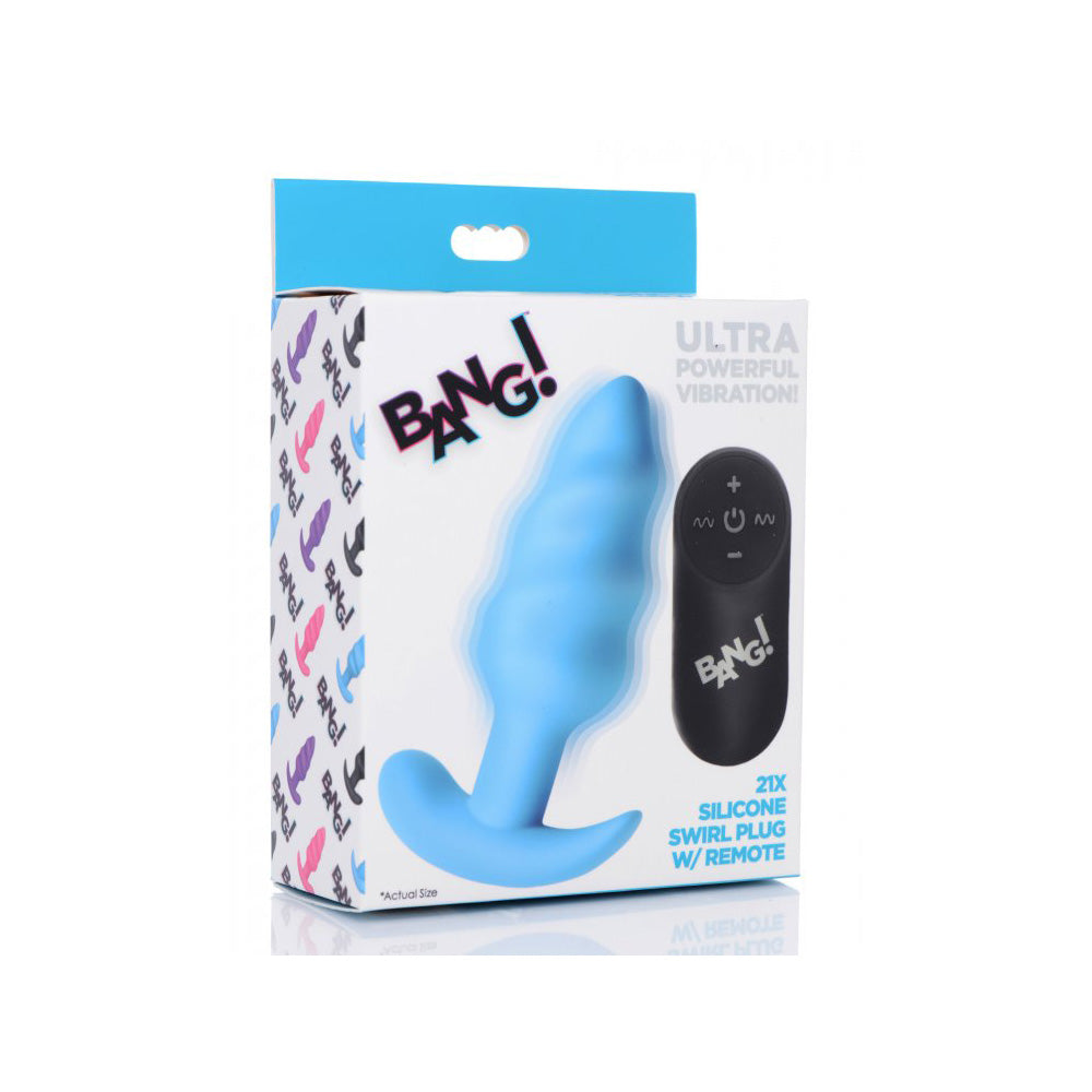Bang! 21X Vibrating Silicone Swirl Butt Plug W/ Remote Control Blue | 848518039736 | Discreet Personal Wellness