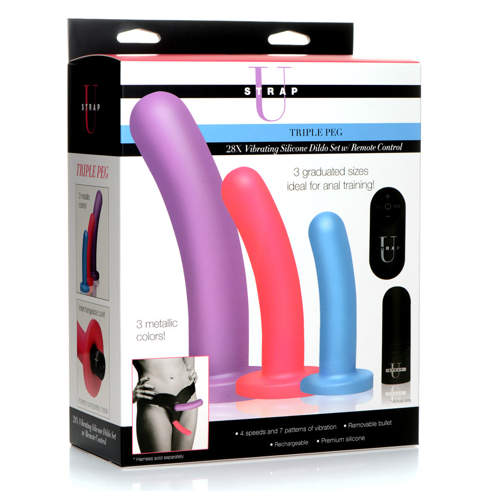 Strap U Triple Peg 28X Vibrating Silicone Dildo Set W/ Remote | 848518045751 | Discreet Personal Wellness