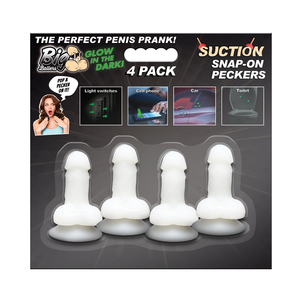 Big Ballers Glow-In-The-Dark Suction Snap-On Peckers 4 Pk | 848518055996 | Discreet Personal Wellness