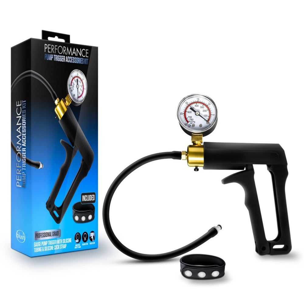 Performance Gauge Pump Trigger With Silicone Tubing And Silicone Penis Strap Black | 850002870077 | Discreet Personal Wellness