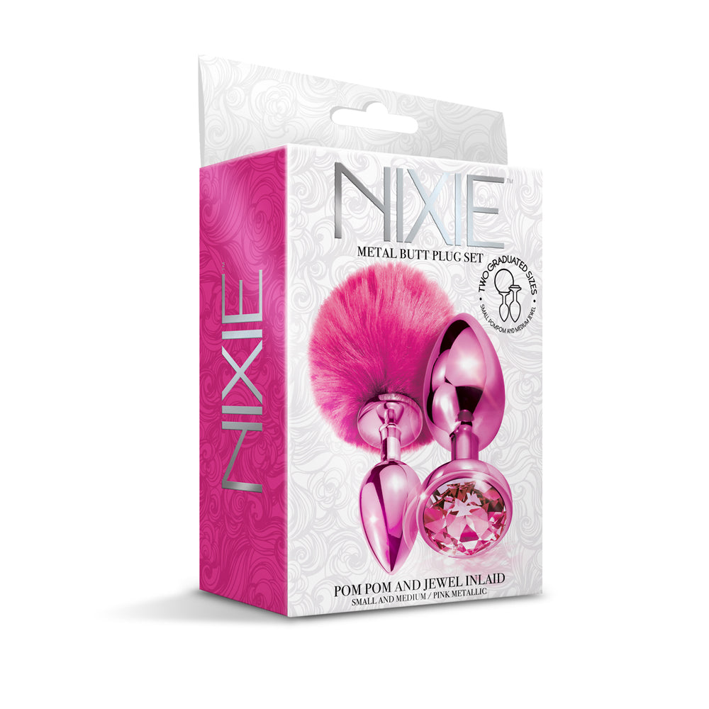 Nixie Metal Butt Plug Set Pom Pom And Jewel Inlaid Pink Metallic | 850010096810 | Discreet Personal Wellness