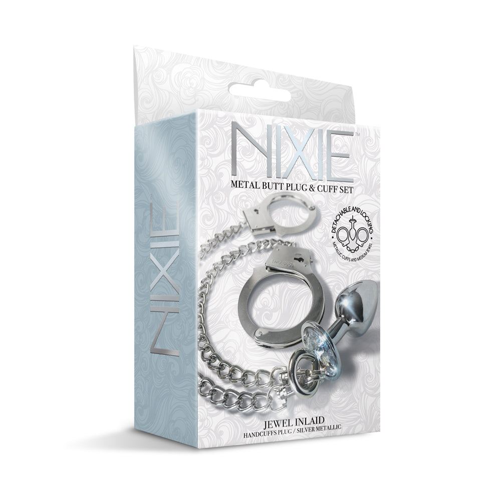 Nixie Metal Butt Plug & Furry Cuff Set Small Silver | 850010096865 | Discreet Personal Wellness