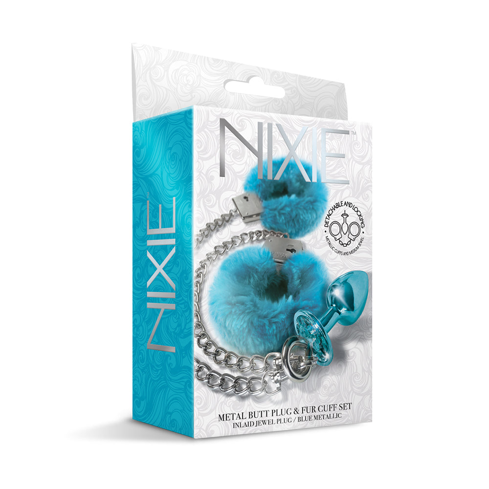 Nixie Metal Butt Plug & Furry Cuff Set Medium Blue Metallic | 850010096940 | Discreet Personal Wellness