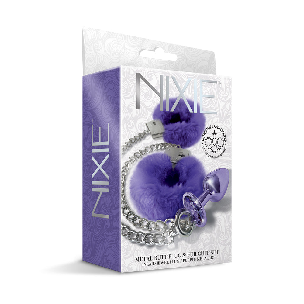 Nixie Metal Butt Plug & Furry Cuff Set Medium Purple Metallic | 850010096957 | Discreet Personal Wellness