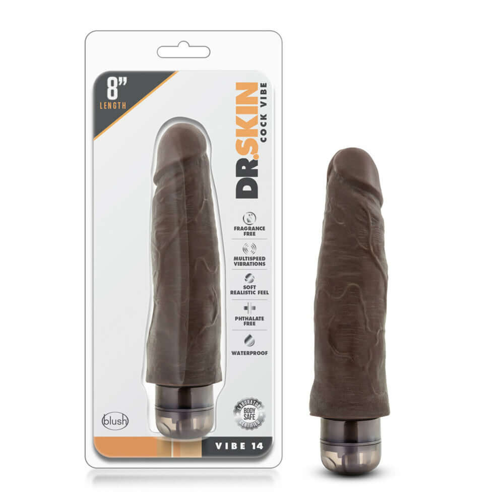 Dr. Skin Penis Vibe #14 - 8" Vibrating Penis Chocolate | 855215007050 | Discreet Personal Wellness