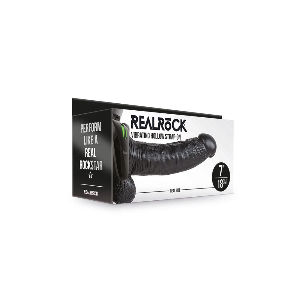 Realrock Vibrating Hollow Strap-On With Balls 7" Black | 8714273521064 | Discreet Personal Wellness
