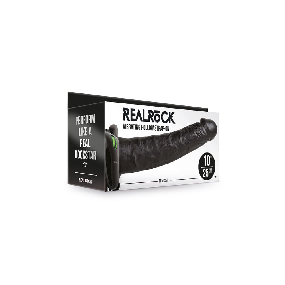 Realrock Vibrating Hollow Strap-On No Balls 10" Black | 8714273521552 | Discreet Personal Wellness