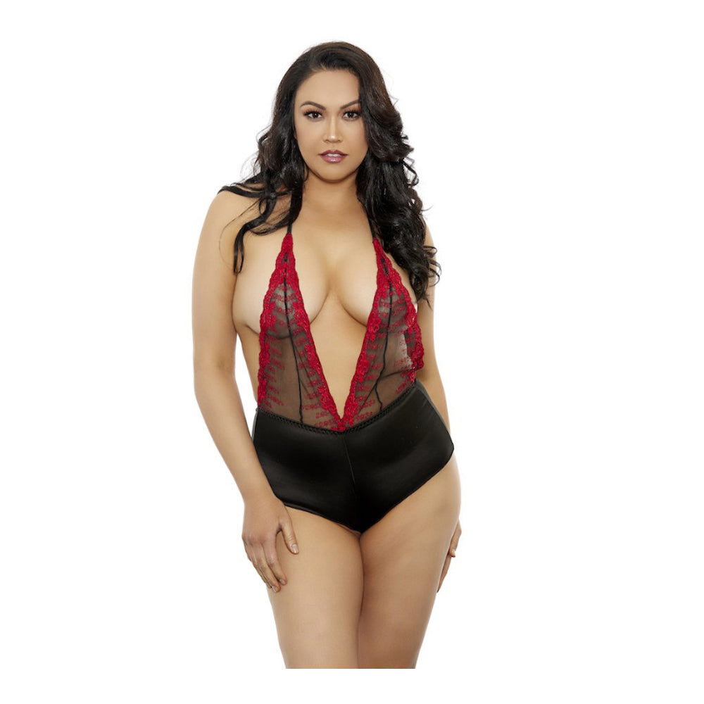 Lace And Satin Teddy Plus Size Black/Red | 8932130103295 | Discreet Personal Wellness