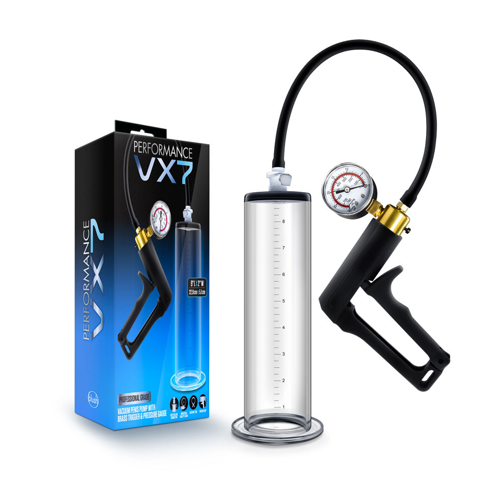 Performance - Vx7 Vacuum Penis Pump With Brass Trigger & Pressure Gauge - Clear | 853858007871 | Discreet Personal Wellness
