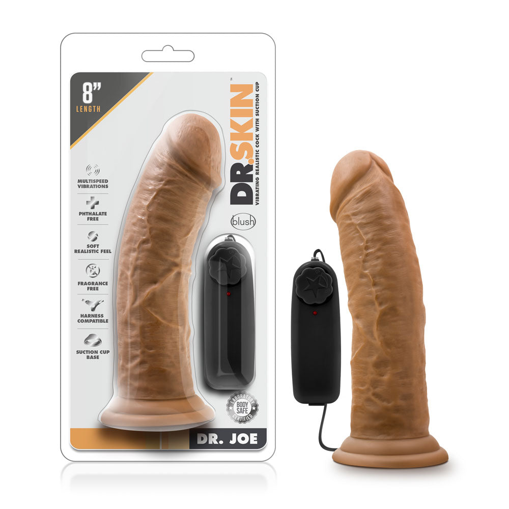 Dr. Skin - Dr. Joe - 8 Inch Vibrating Penis With Suction Cup - Mocha | 819835023029 | Discreet Personal Wellness