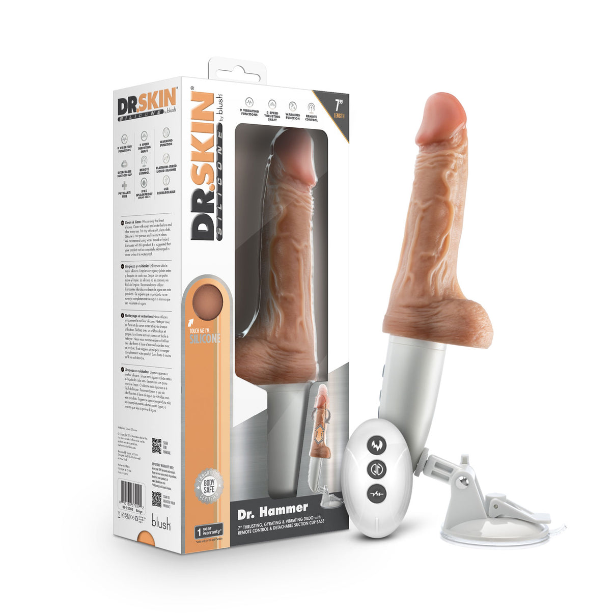 Dr. Skin Silicone - Dr. Hammer - 7 Inch Thrusting Dildo With Handle - Beige | 810138370292 | Discreet Personal Wellness